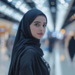 A young beautiful Arab woman in a black Abaya walks through a large shopping center.